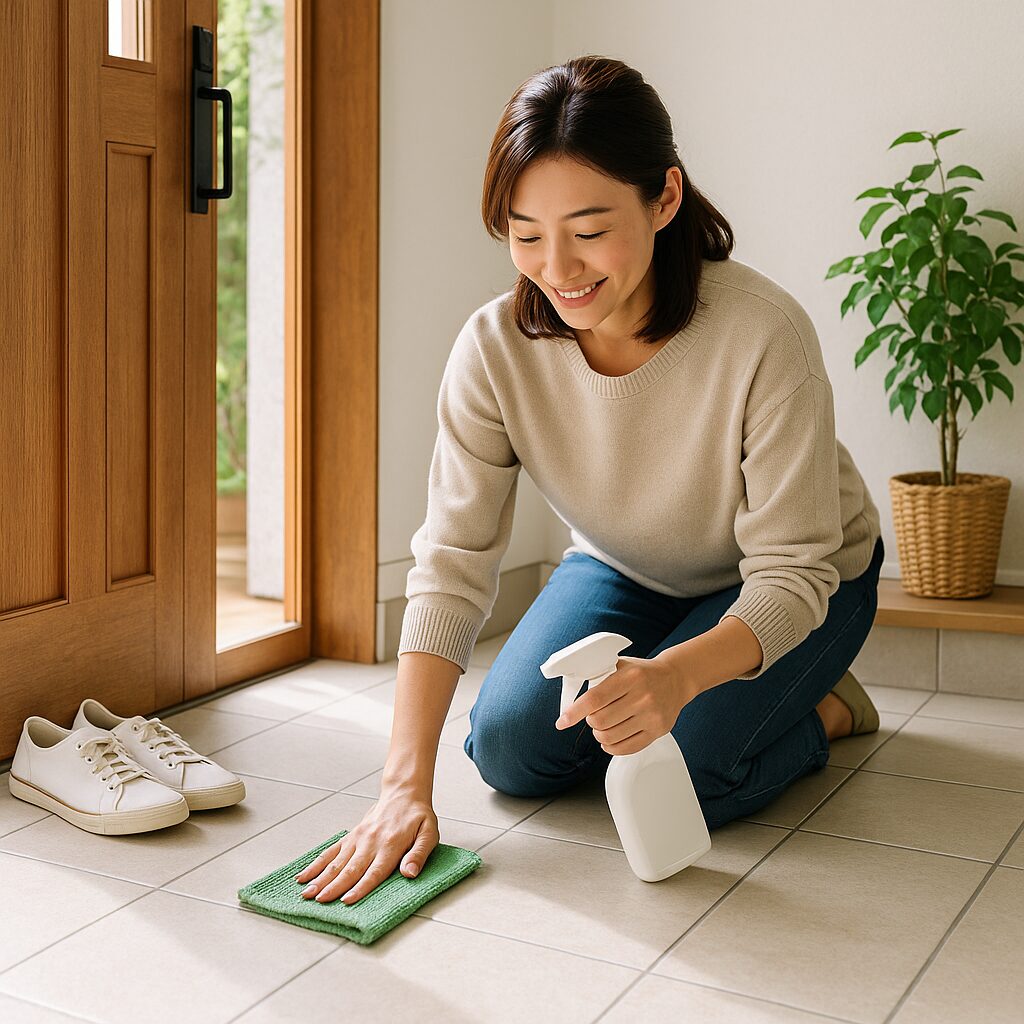 玄関を明るく掃除する女性。風水的に金運アップにつながる清潔で整った玄関の様子
