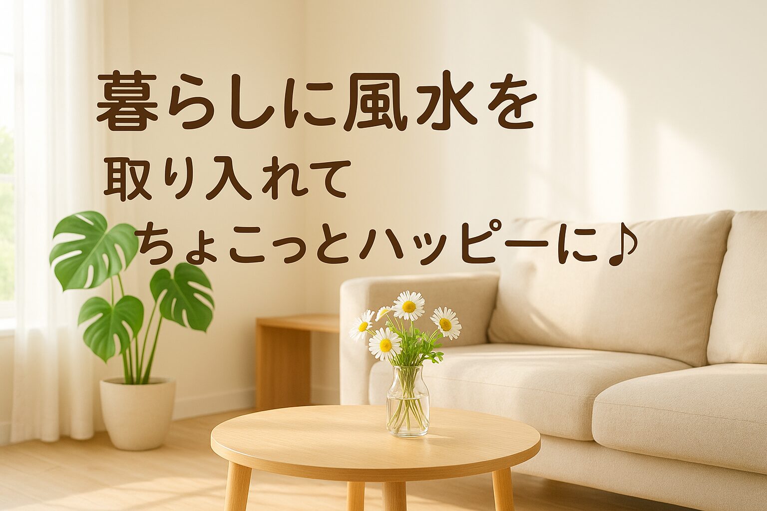 ナチュラルな光が差し込むリビングに観葉植物と花瓶が飾られた癒しの空間｜風水で暮らしを整え運気アップ