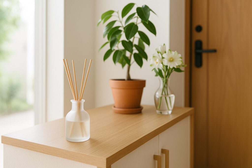 「玄関の棚に置かれたアロマディフューザーと観葉植物、白い花の花瓶。自然光が差し込む清潔で爽やかな空間」