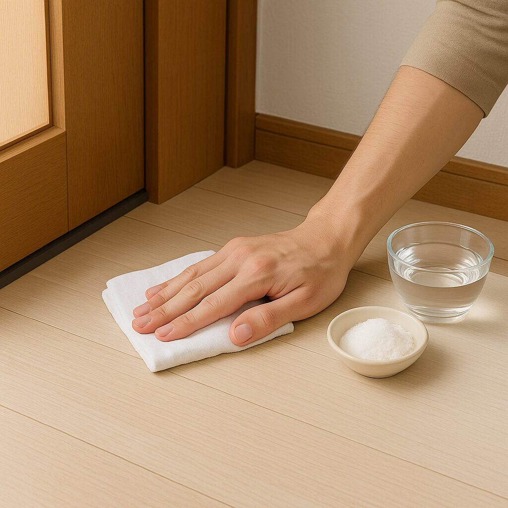 「玄関で塩水を含ませた布で床を拭いている手元。横にガラスの器の水と小皿の塩が自然に置かれている」