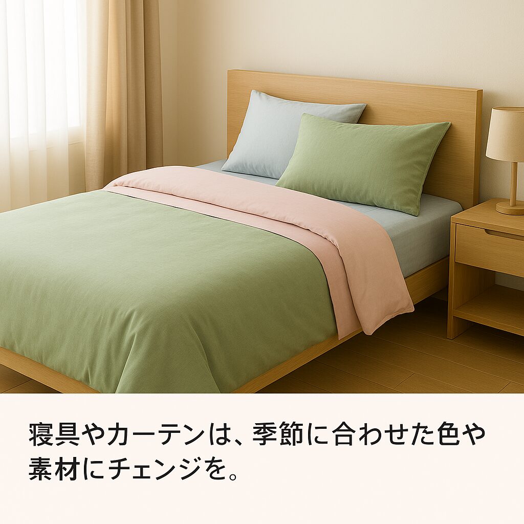 季節に合わせたカーテンと清潔な寝具で整えられた明るい寝室。