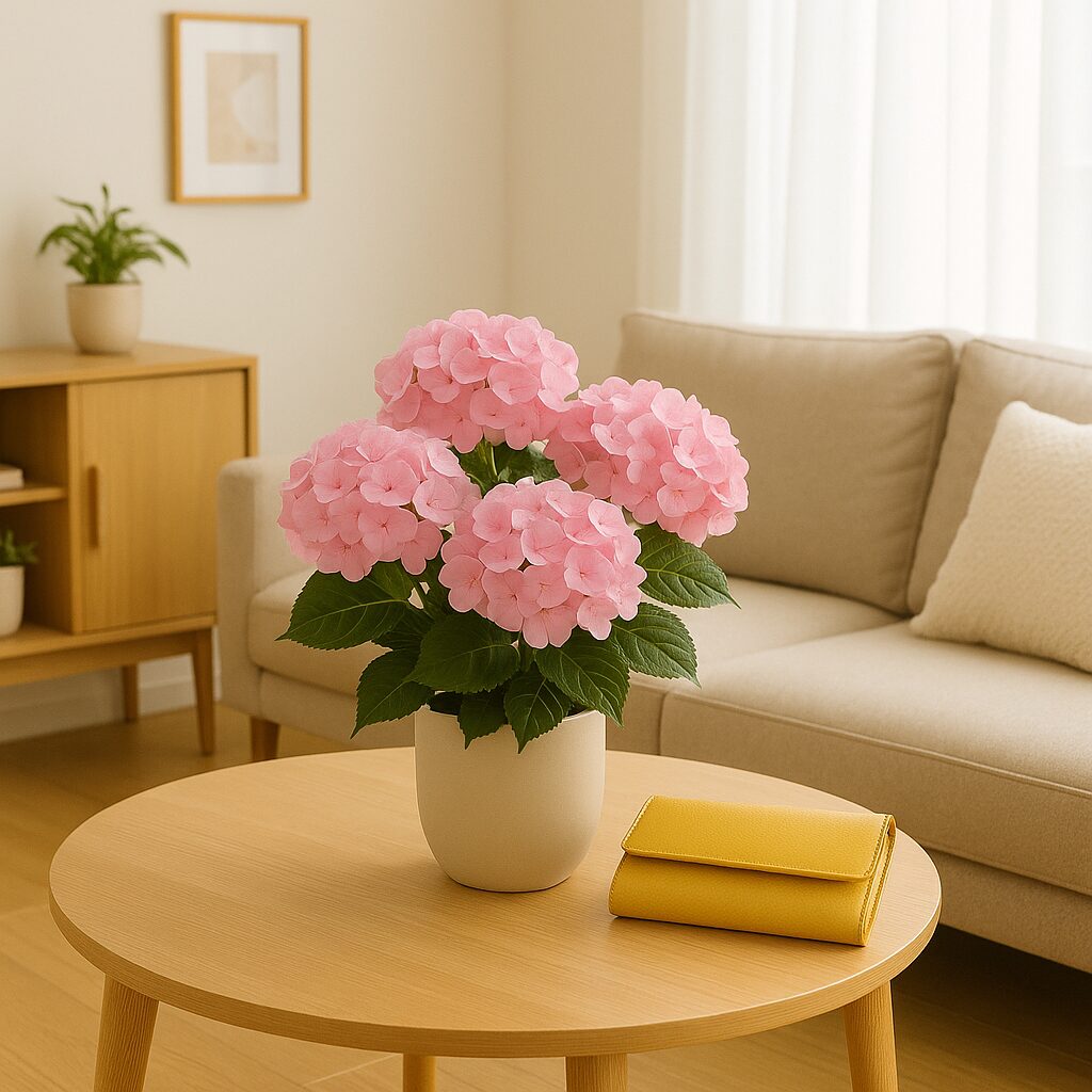 明るく整ったリビングルームに、テーブルの上に飾られたピンクの紫陽花の鉢植え。清潔感のある空間に季節の花が映える。