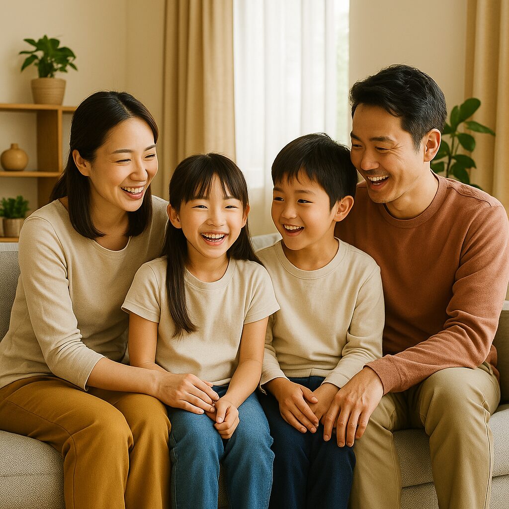 リビングで家族が集まり、笑顔で団らんしている様子。明るいインテリアと温かい雰囲気が広がる空間。