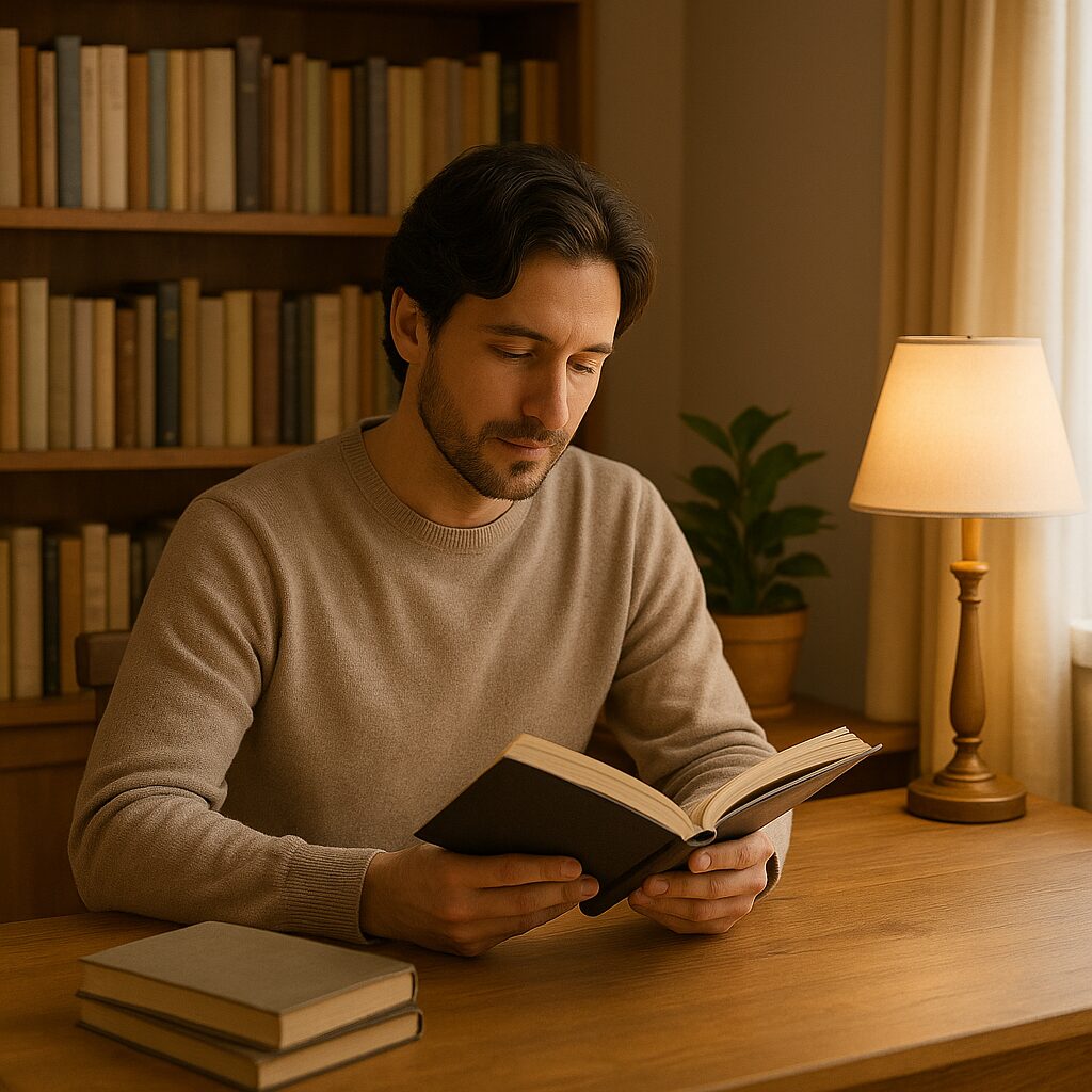 落ち着いた書斎で椅子に座り、読書に集中している男性。机の上には本とランプが置かれ、穏やかな雰囲気の空間。