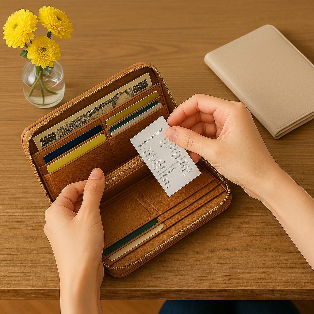 製のテーブルの上で、手が財布の中からレシートを取り出し整理している様子。財布の中には整った紙幣やカードがきれいに収められている。