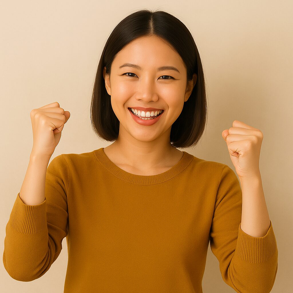 ガッツポーズをして笑顔を見せる女性。明るい雰囲気で前向きなエネルギーを感じさせる一枚。
