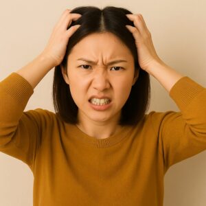 イライラした表情で頭に手を当てる女性。強い火の気が高まった夏の不安定な気持ちを象徴している。