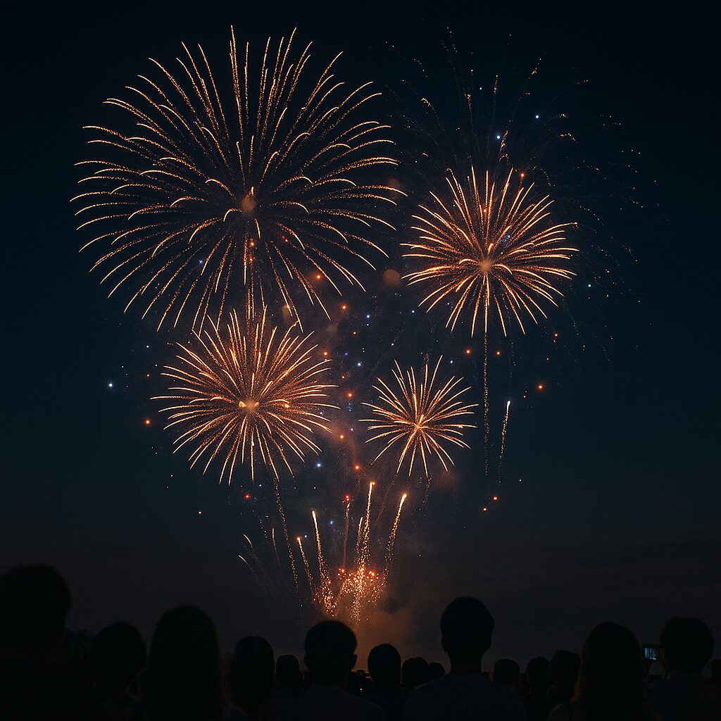 夏の夜空に大輪の花火が輝き、人々が見上げている様子。