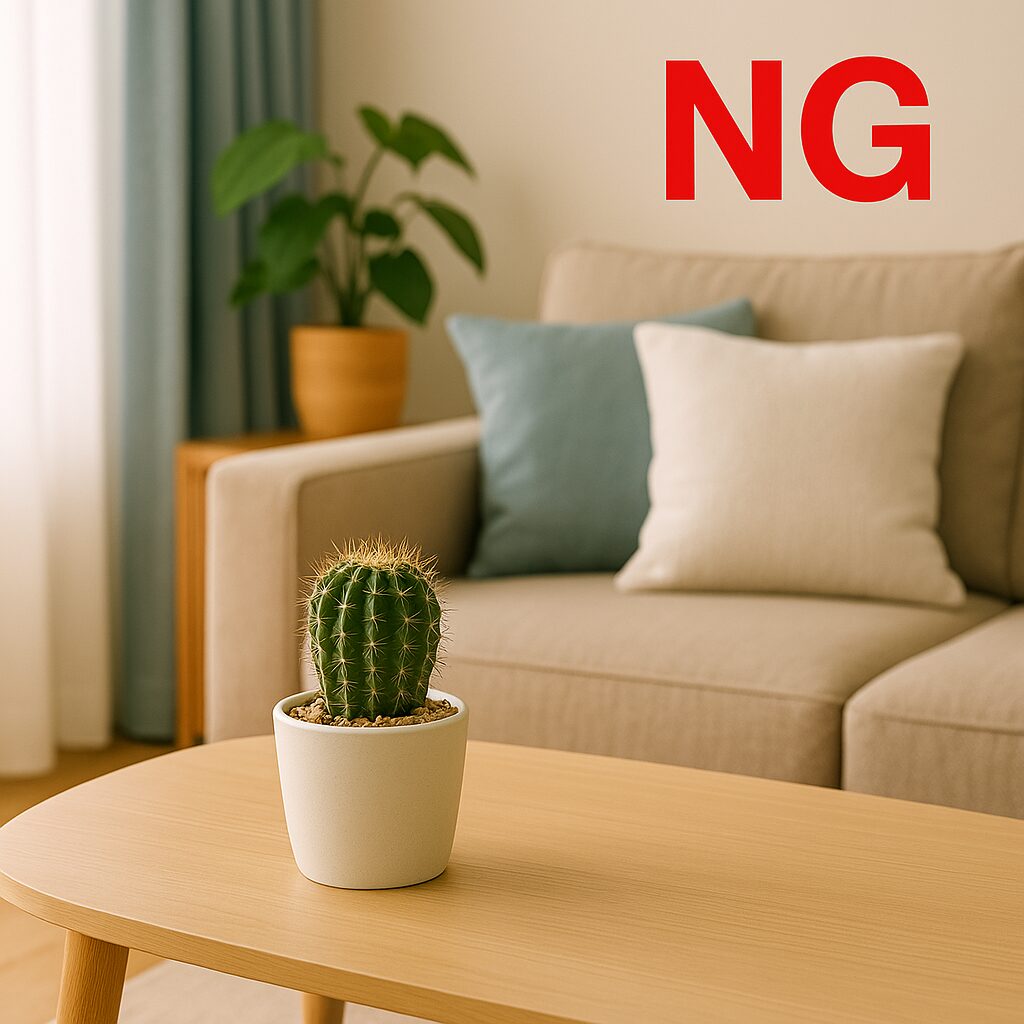 「リビングのテーブルに小さなサボテンが置かれ、画面上に『NG』と表示されている。サボテンはトゲがあり、風水的にリビングには不向きとされることを示している。」