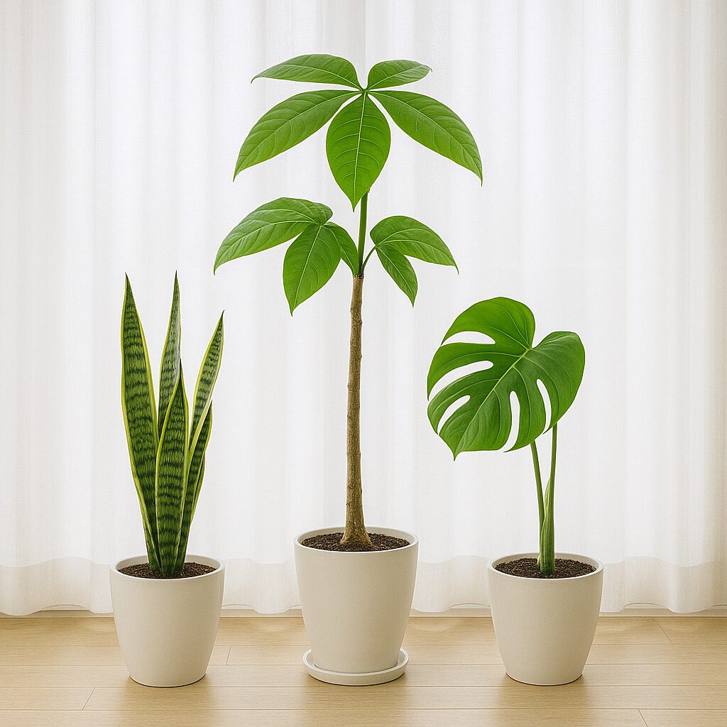 「白いカーテンの前に並べられた観葉植物3つ。サンスベリア、パキラ、モンステラが配置され、風水的に空間を浄化し調和をもたらす。」
