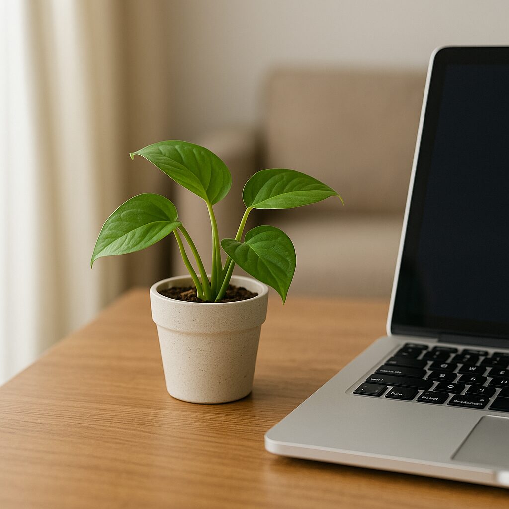 「木製デスクの上にノートパソコンと小さな観葉植物が並んで置かれている。観葉植物がPCの近くで電磁波やホコリを和らげ、空間を浄化する様子。」