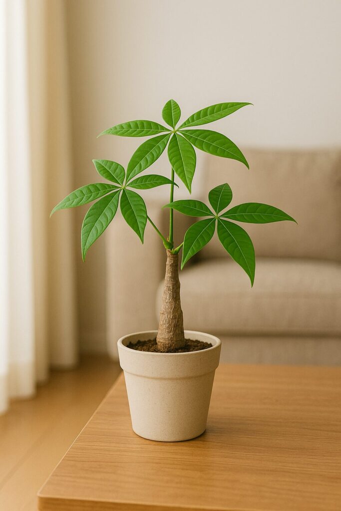 「リビングのテーブルに置かれたパキラの鉢植え。生命力のある緑の葉が広がり、発展や金運アップを象徴する観葉植物。」