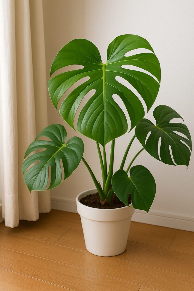 「白い鉢に植えられたモンステラ。大きな切れ込みのある葉が広がり、邪気を払い良い気を招く観葉植物。」