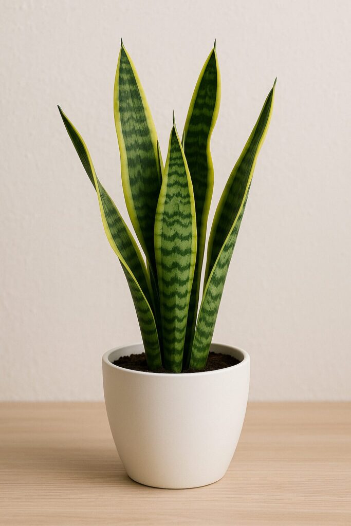 「白い鉢に植えられたサンスベリア。細長い葉がまっすぐ伸び、強力な空気浄化作用で悪い気を吸い取る観葉植物。」