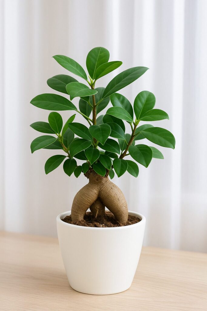 「白い鉢に植えられたガジュマル。太い幹と丸い葉が特徴で、“幸せを呼ぶ木”として家庭運と癒し効果を高める観葉植物。」