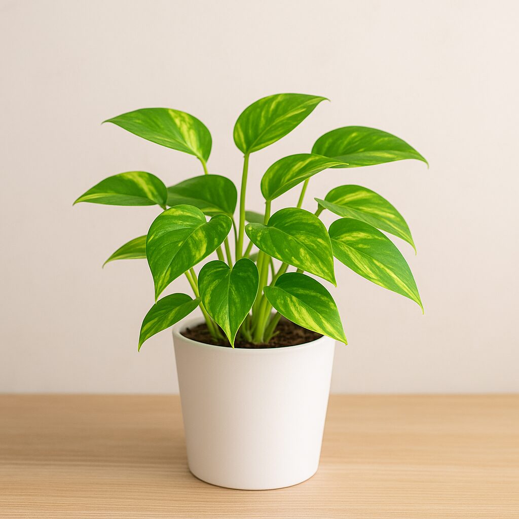 「白い鉢に植えられたポトス。緑の葉に黄色の斑が混ざり合い、調和と金運アップを象徴する観葉植物。」