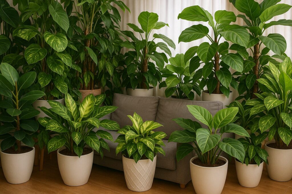 「リビングに観葉植物を置きすぎてジャングル状態になっている様子。植物が密集しすぎて気の流れが滞っているNG例。」