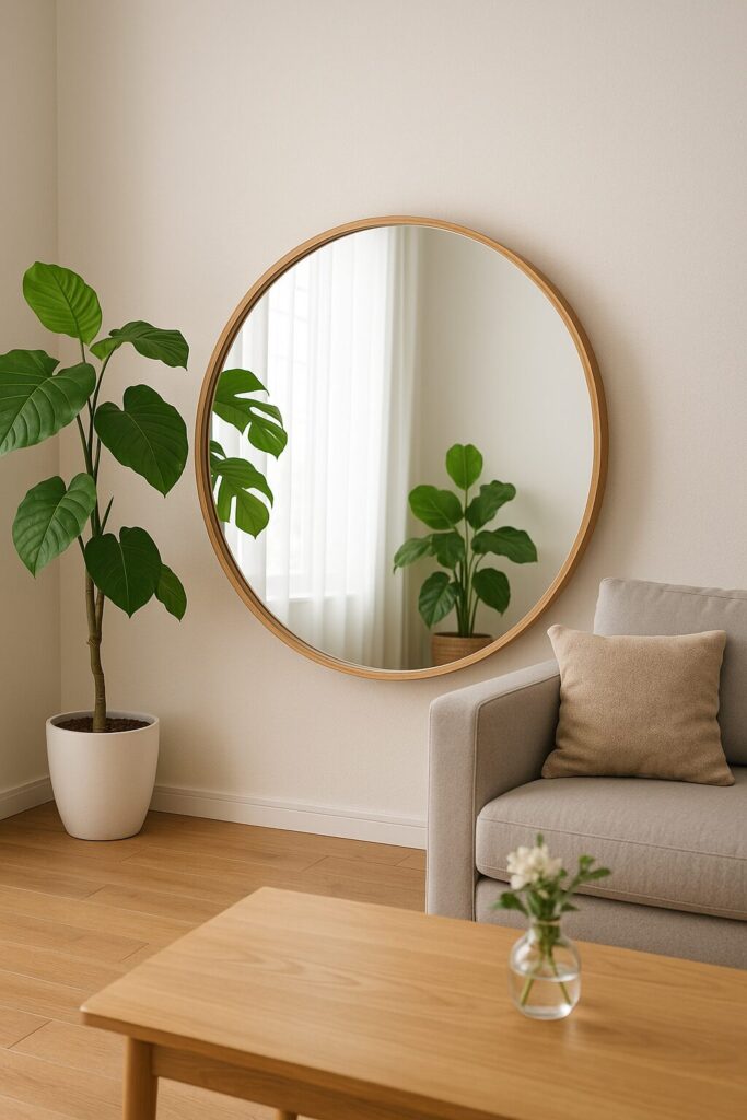 「明るいリビングの壁に大きな丸い鏡が置かれ、観葉植物や窓からの自然光を映し出して空間を広く明るく見せている様子。」