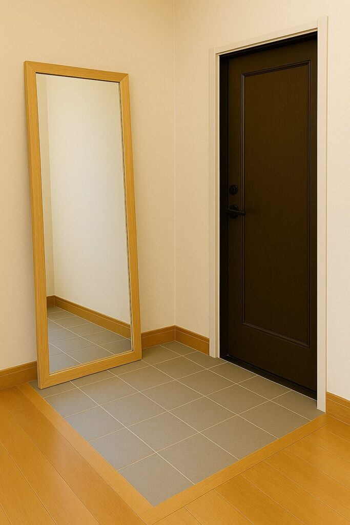「玄関から入って右側に全身鏡が置かれた日本の玄関。木製のドアとタイル張りのたたきがあり、清潔でシンプルな空間。」