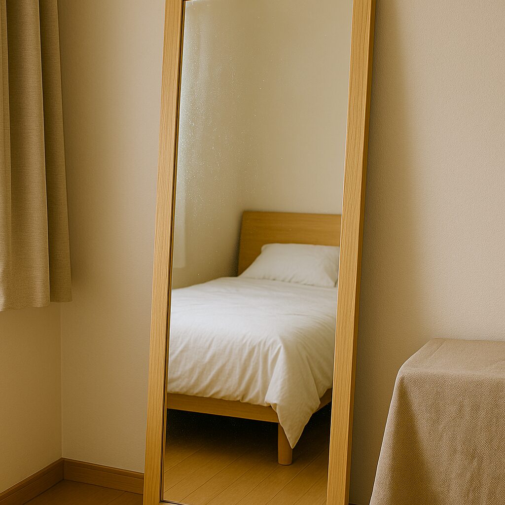 「寝室でベッドが鏡に映っている様子。睡眠中の姿が鏡に映ると気が乱れ、安眠や運気に悪影響を与える風水NG配置」