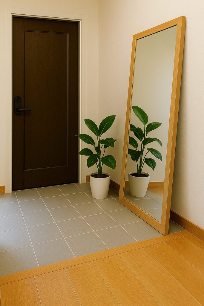 「玄関に置かれた姿見鏡と観葉植物。右側に置くと金運アップ、左側なら人間関係運が良くなる風水インテリア。」