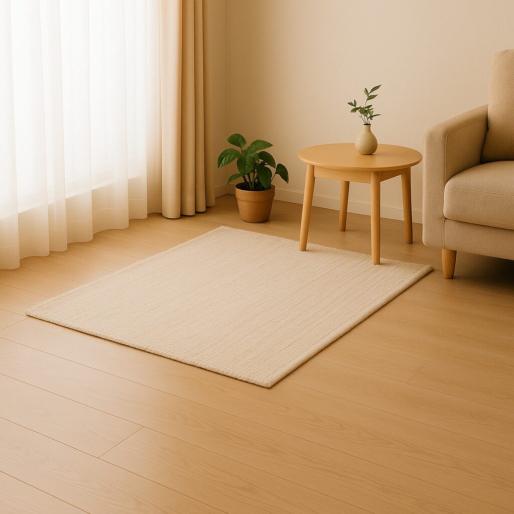「明るい木目調のフローリングに天然素材のラグが敷かれた清潔な部屋。窓から自然光が差し込み、観葉植物とシンプルなテーブルが置かれた爽やかな雰囲気。」