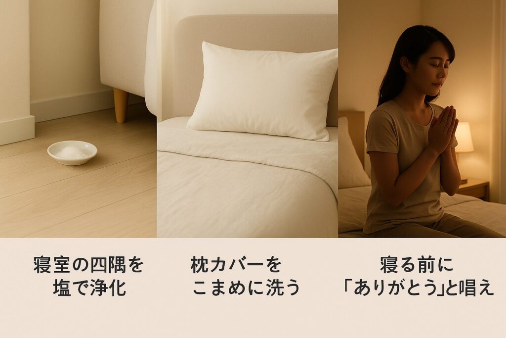 寝室の開運アクション3選を表現したイメージ。左は粗塩を小皿に盛り寝室の隅に置いて浄化する様子、中央は清潔な枕カバーを洗濯し整えた寝具、右は寝る前にベッドで「ありがとう」と感謝の言葉を唱えるイメージが描かれている。