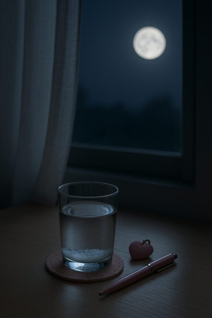 窓辺に置かれた塩水の入ったガラスコップが、満月の光に照らされている夜の風景。