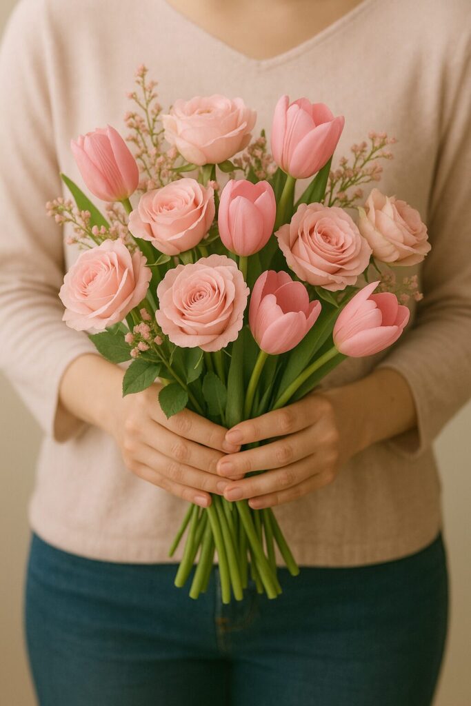 ボリュームのあるピンクのバラとチューリップの花束を両手で大切に抱えている様子。恋の訪れと自己愛を象徴するイメージ。