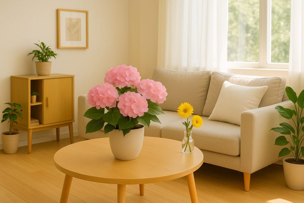 季節の花や観葉植物が飾られた明るいリビング。大きな窓から自然光が差し込み、気の流れを整える風水的な空間。