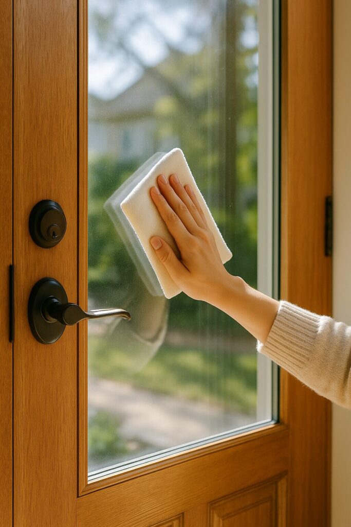 「光が差し込む玄関ドアの窓ガラスを布で拭いている手元。ピカピカに磨かれた大掃除の様子。」