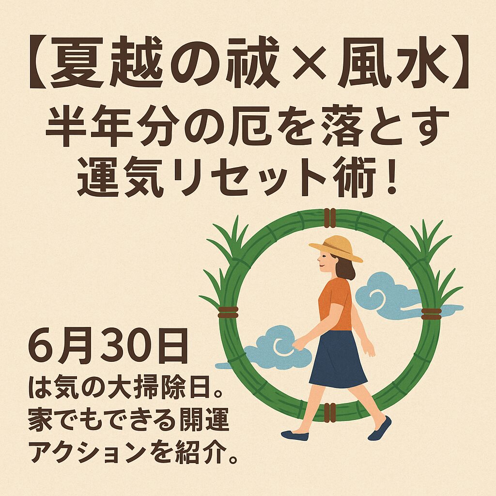 夏越の祓で茅の輪をくぐる風景と風水のお清めアクションをイメージした画像