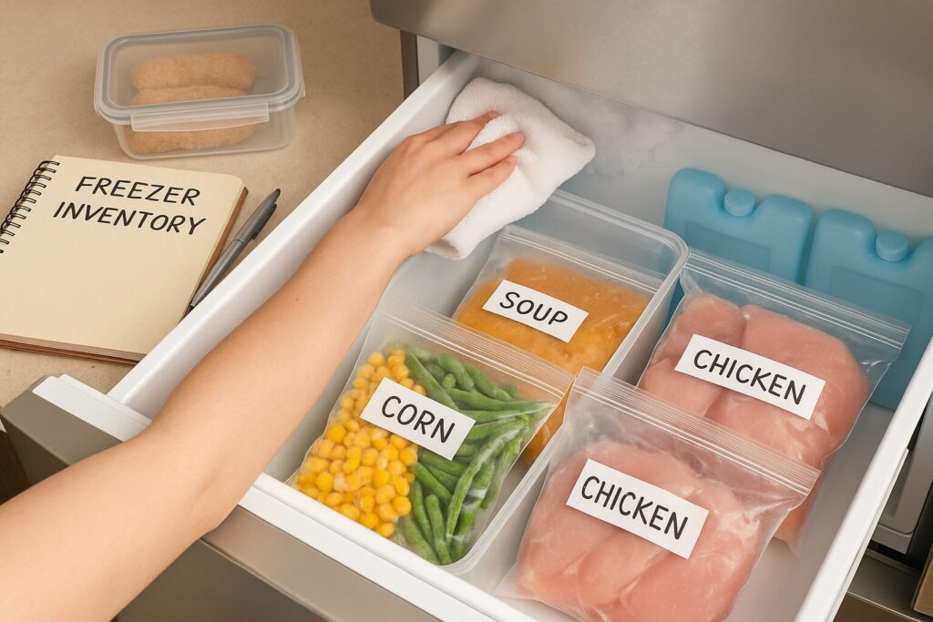 「整理整頓された冷凍庫の引き出し。食品がラベル付きで保存され、棚卸しと霜取りが行われている様子。」
