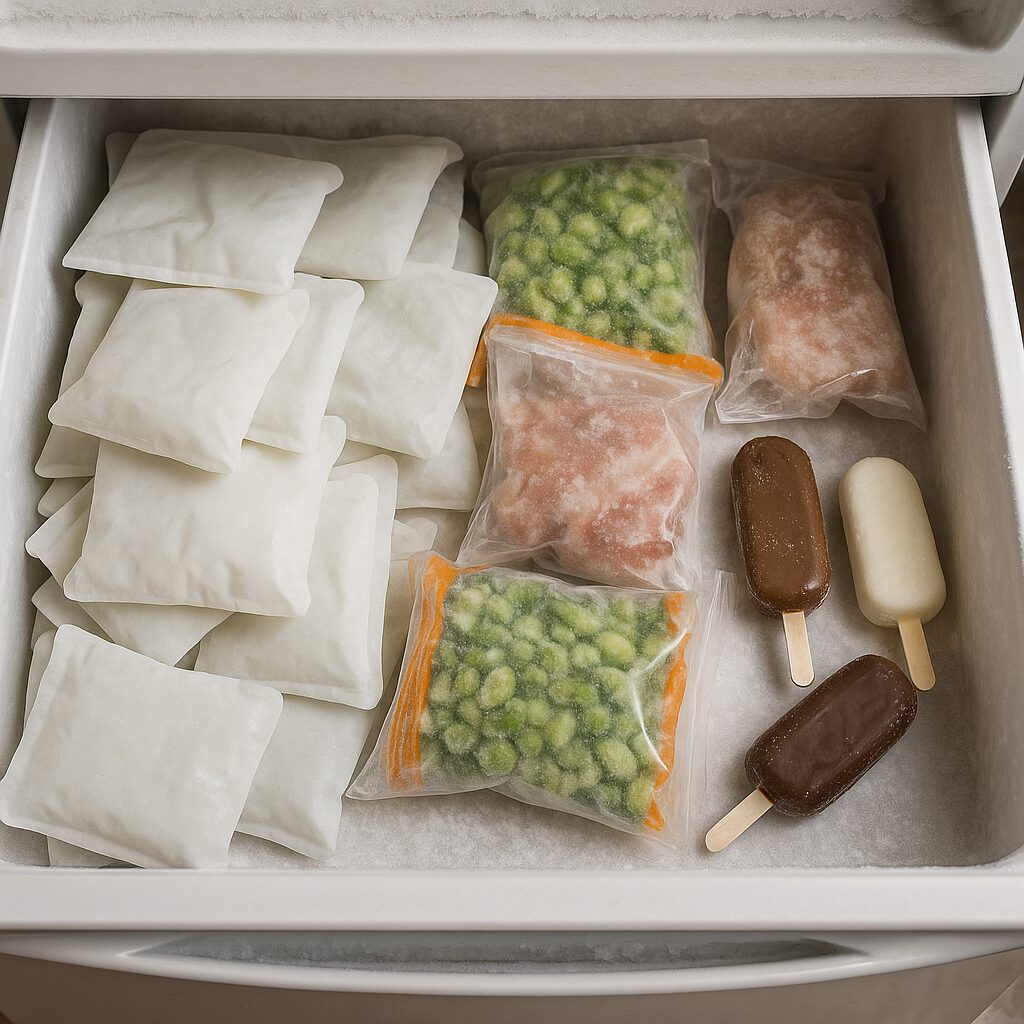 「大量の保冷剤や冷凍食品、アイスが入った冷凍庫の引き出し。未使用品が多く整理が必要な状態。」