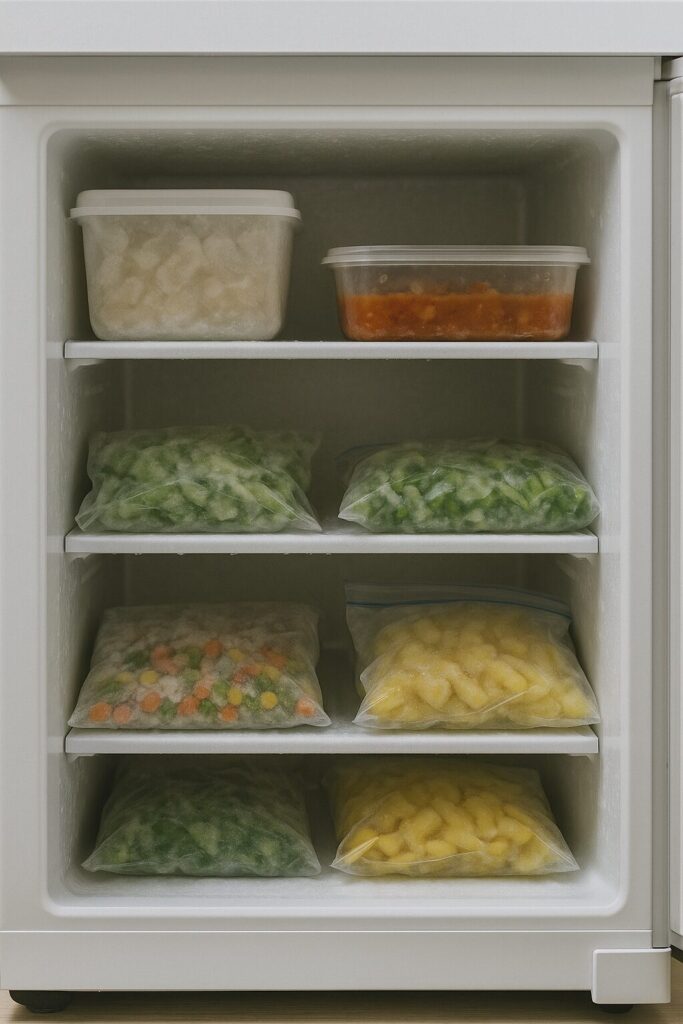 「種類ごとに分けられた冷凍野菜がジッパーバッグで整理され、棚ごとに整然と並ぶ冷凍庫の中。」