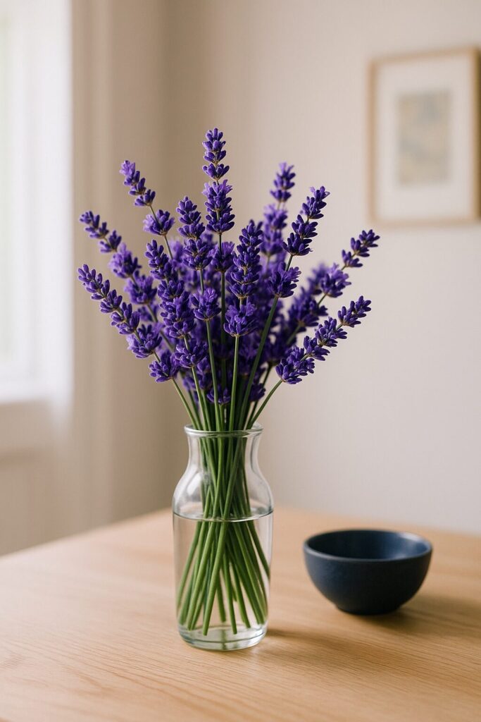 「透明なガラスの花瓶に生けられた新鮮なラベンダーの花束。紫の花穂が室内に優しい香りを漂わせている。」