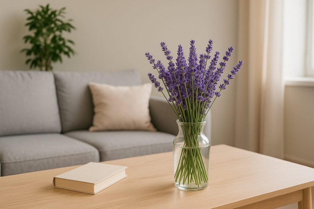 明るいリビングのテーブルに置かれたガラスの花瓶に、紫色のラベンダーが美しく生けられている様子。背景にはグレーのソファと観葉植物が見える。