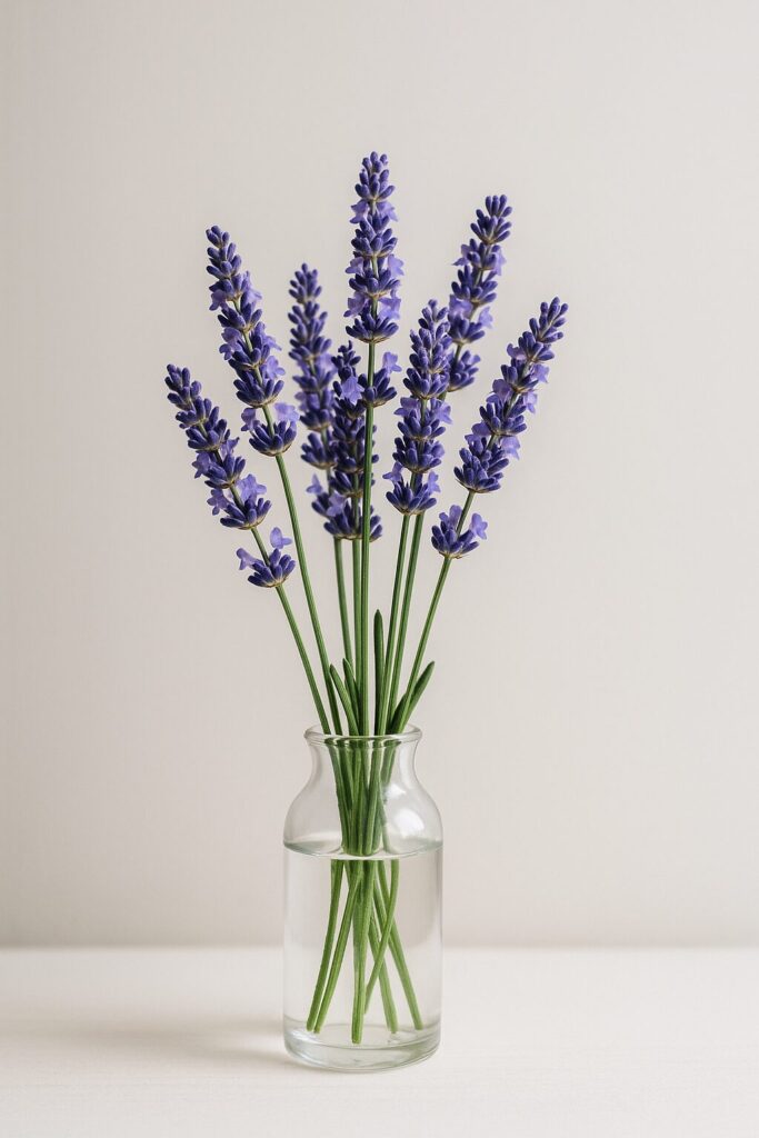 テーブルに置かれた束ねられたラベンダーの花。淡い紫色の花穂が優しく広がっている。