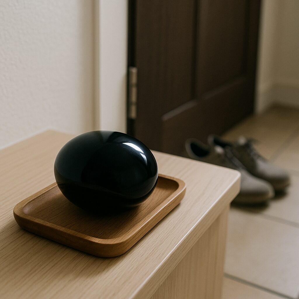 玄関の木製トレイの上に置かれた光沢のある黒曜石。背景にはドアと靴が見える。