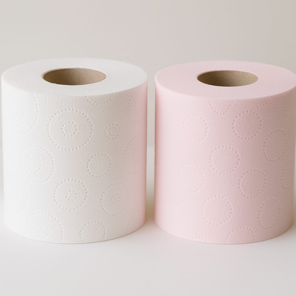 白と淡いピンクのトイレットペーパーが並んだ清潔感のあるイメージ。