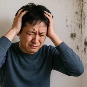 黒カビのある壁の前で頭を抱え、目を閉じて悩んでいる男性。