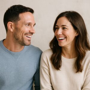 向かい合って笑顔で会話を楽しむカップル。温かく和やかな雰囲気が漂う。