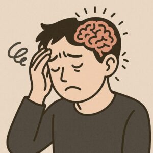 頭を抱えて疲労感を表す人物のイラスト。精神的・肉体的な疲れをイメージ。