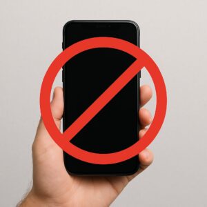 手に持たれた黒いスマートフォンに赤い禁止マークが重ねられた写真。