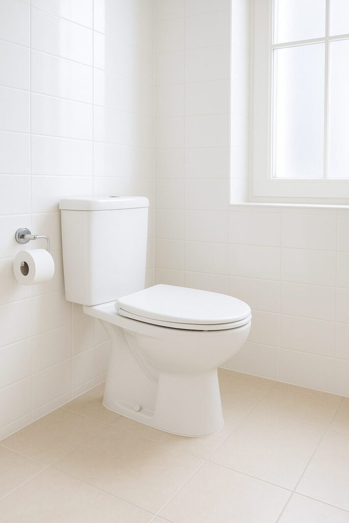 明るく清潔感のある白を基調としたトイレ空間。窓から自然光が差し込み、床や壁も美しく整えられている。