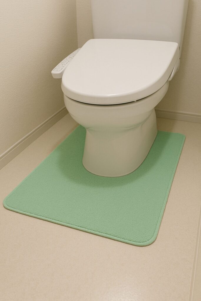 白い便器の下に敷かれた淡いグリーンのトイレマット