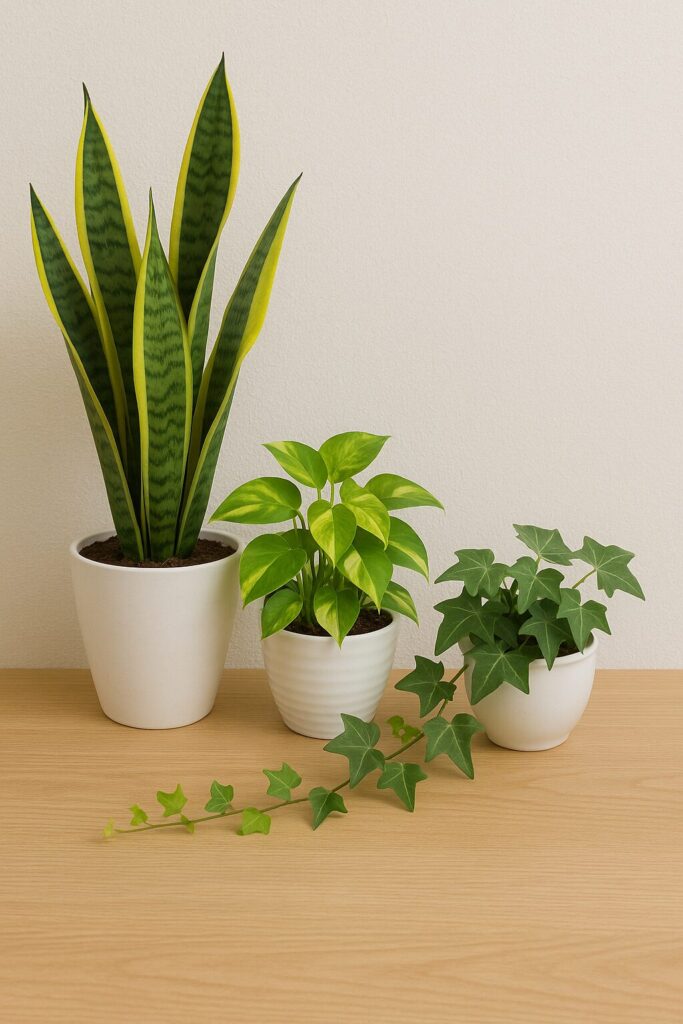 白い鉢に植えられたサンスベリア、ポトス、アイビーが並べられている様子