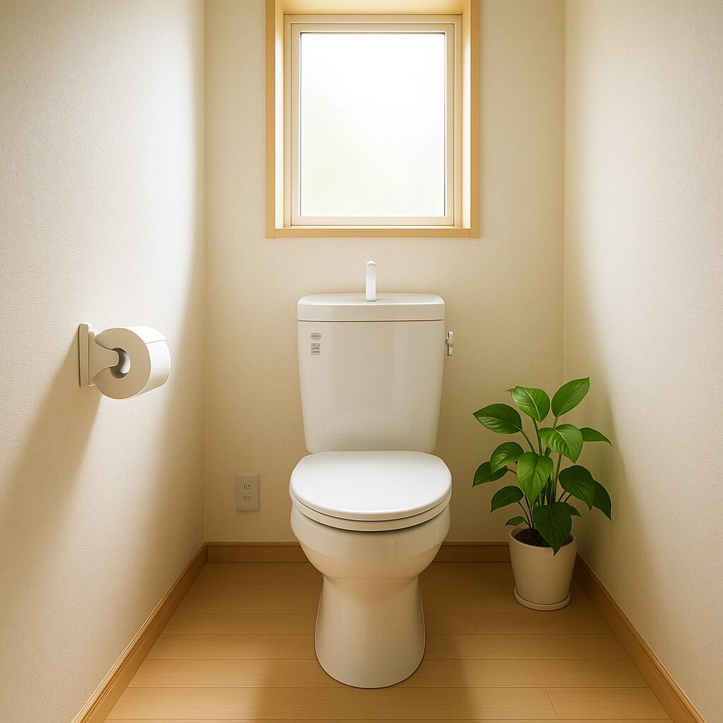 「明るく換気されたトイレ窓と清潔な空間」
