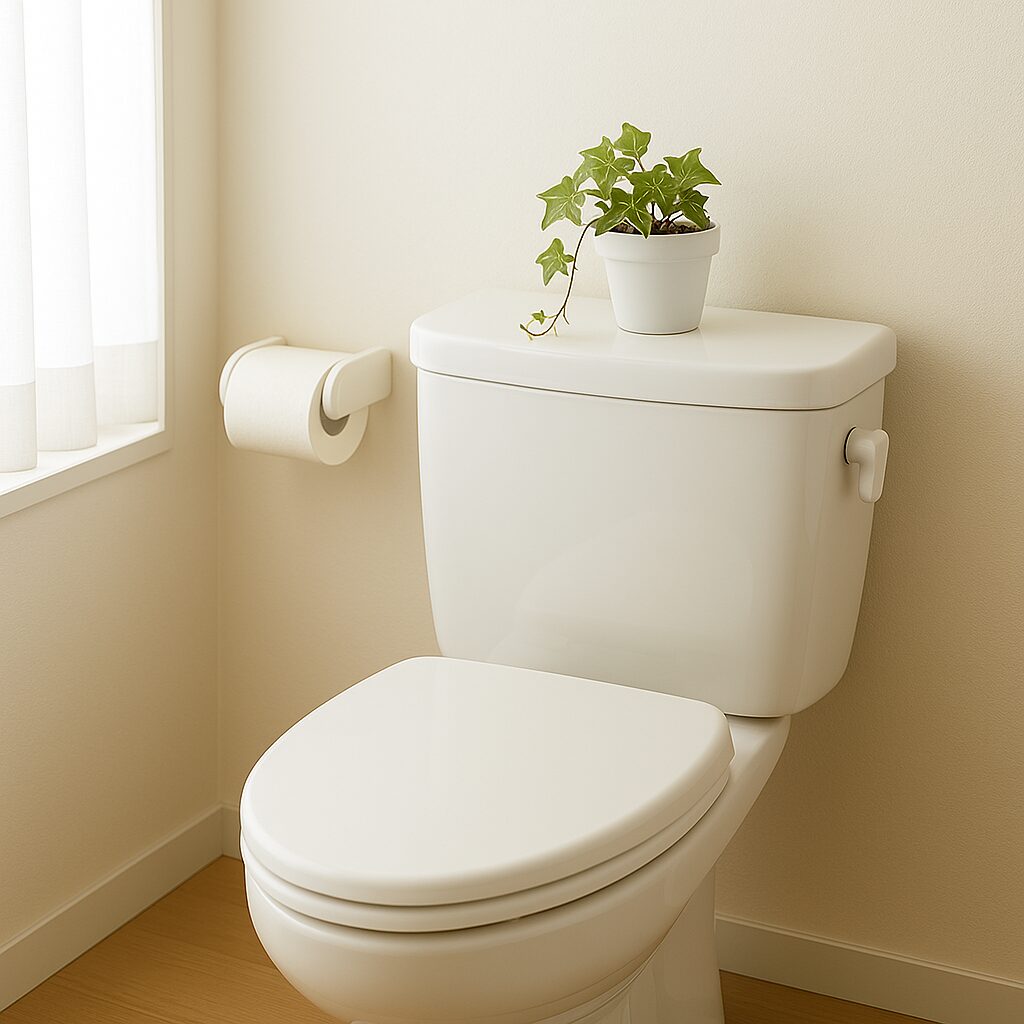 清潔なトイレのタンク上にアイビーの鉢植えが置かれており、ツタが美しく垂れ下がっている様子。