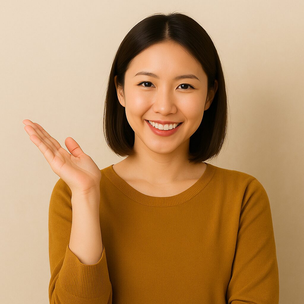 笑顔の女性が手を広げておすすめしている様子。日常生活に無理なく取り入れられるトイレ風水の実践方法を提案しているイメージ。